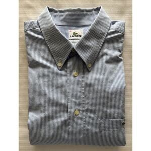 Lacoste 100% Cotton Men's S/S Button Shirt Size 45 Lt Blue & White Sm Check